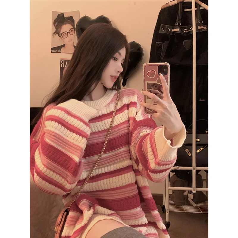 

Мягкий полосатый свитер в японском стиле в стиле ретро, женский свободный свитер средней длины на весну и осень, ленивый трикотаж средней длины