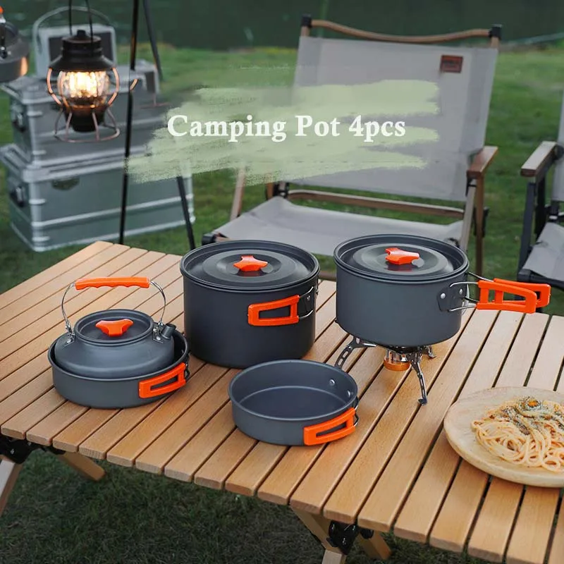 

4Pcs Outdoor camping cookware set: steamer, frying pan, kettle Lightweight Aluminium Alloy Teapot for camping