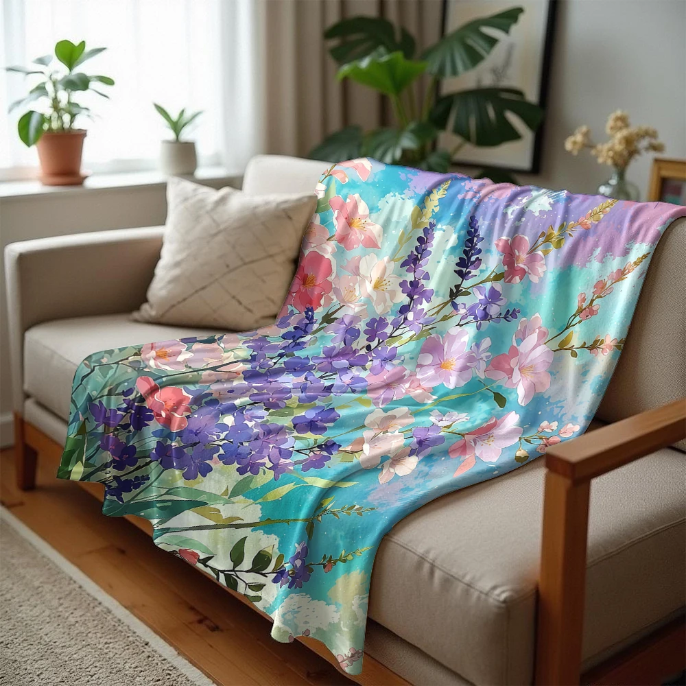 Cloudy Floral Field Cartoon Anime Print Flannel Blanket Soft Warm Throw for Kids Bedroom Sofa Bed Christmas Office Car
