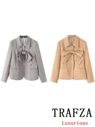 TRAFZA Vintage Women Blazer Solid Bow Single Breasted Long Sleeve Pockets Blazer New Fashion 2024 Autumn Office Lady Blazers