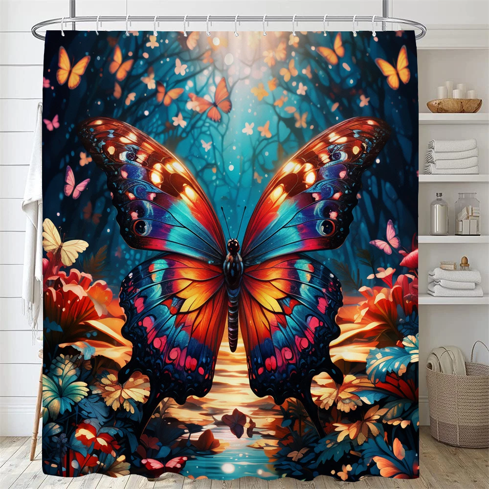 Bathroom Flower Shower Curtain, beautiful colorful painted butterflies print polyester fabric, bathtub shower curtain with hooks