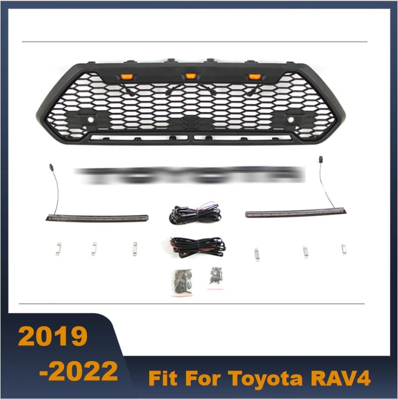 High Quality ABS Black Grill Middle Grill Car Front Grills With LED Lights Light Strip Fit For Toyota RAV4 2019-2022