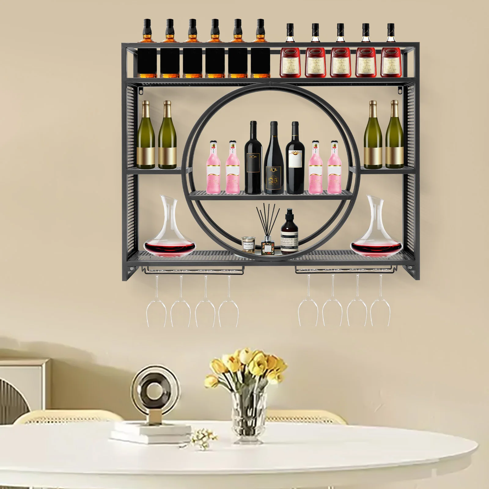 Industrielles Wand-Weinregal aus Eisen, schwarz, Weinflaschenregal, hängender Weinregalschrank aus Metall