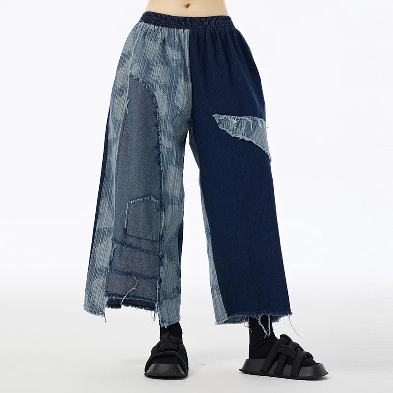 SuperAen 2024 Autumn Heavy Industry Washed Denim Patchwork Casual Pants Wide Leg Jeans