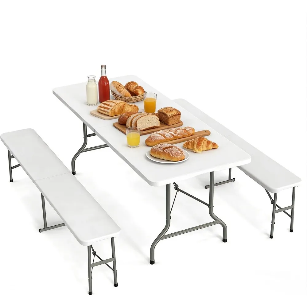 6FT Foldable Table Set with 2 Benches Heavy Duty 350 lbs Folding Table & Folding Stools Portable Folding Furniture