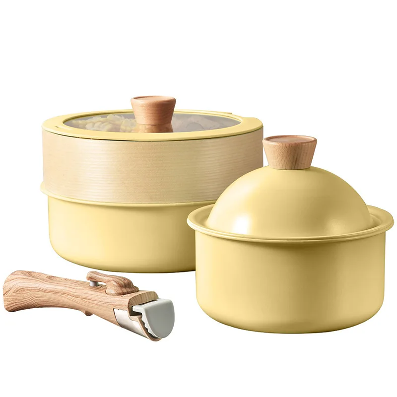 

4Pieces Aluminum Cookware Set 18cm Milk Pot 24cm Frying Pan Steamer Heat Transfer Plate Detachable Handle for Household Kitchen