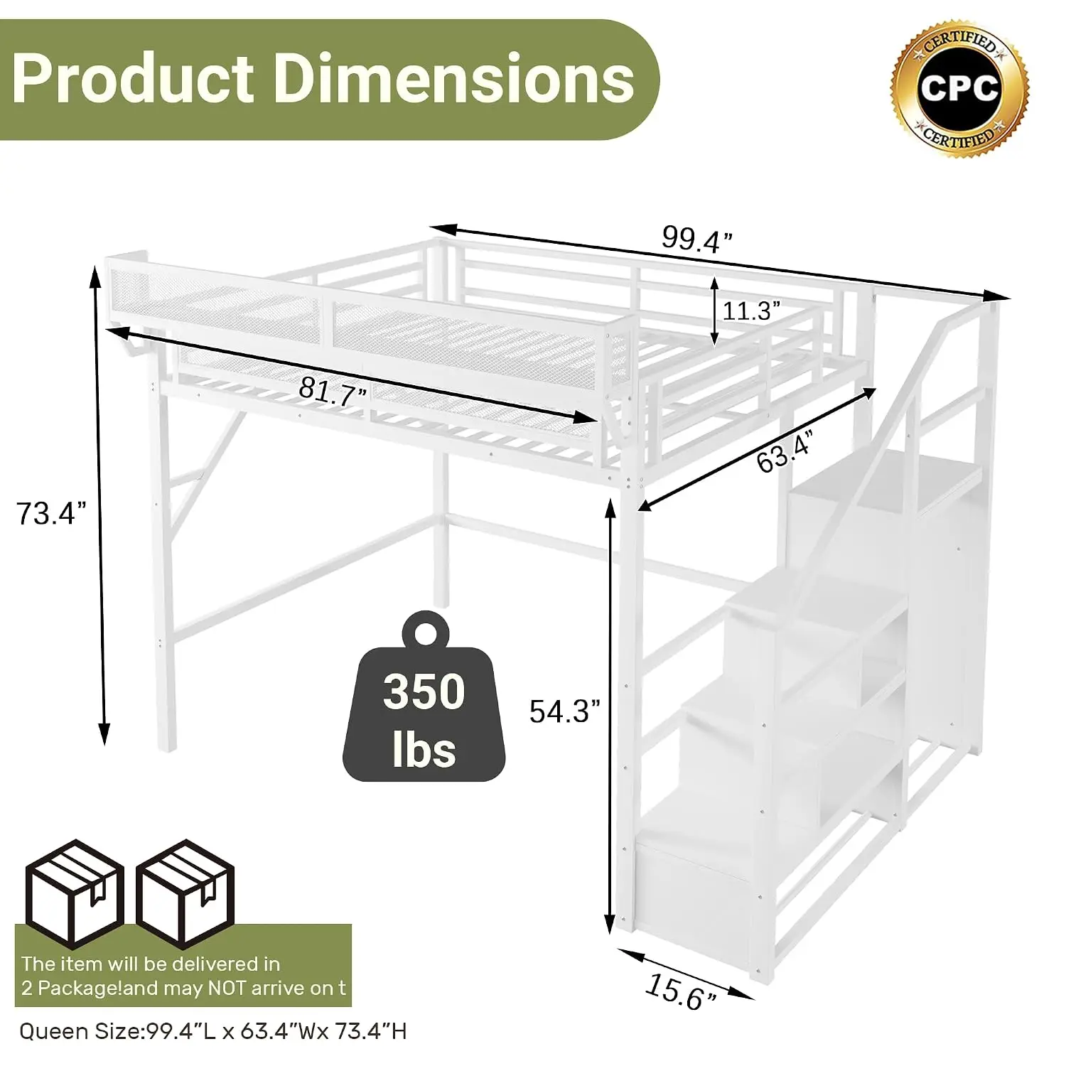 Queen Loft Bed Stairs Storage Metal Frame Shelf Under-Bed Space Adults Teens Kids Convertible White, Customized