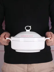 Ceramic soup bowl with lid for serving Japanese large household 8-inch double ear salad with cold vegetables