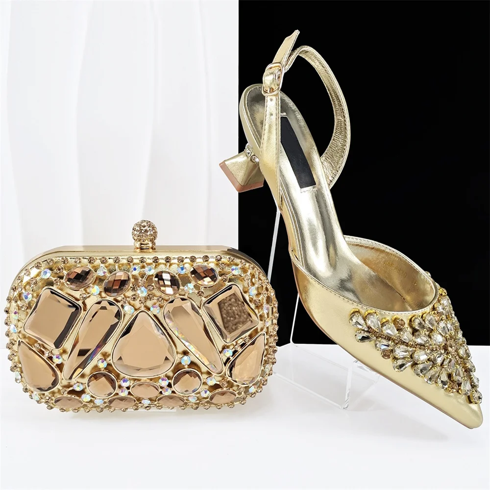 Fashion Elegant Rhinestone Sandals Shoes And Purse Set Nigerian Style Woman Pumps Shoes And Matching Bag Set For Party