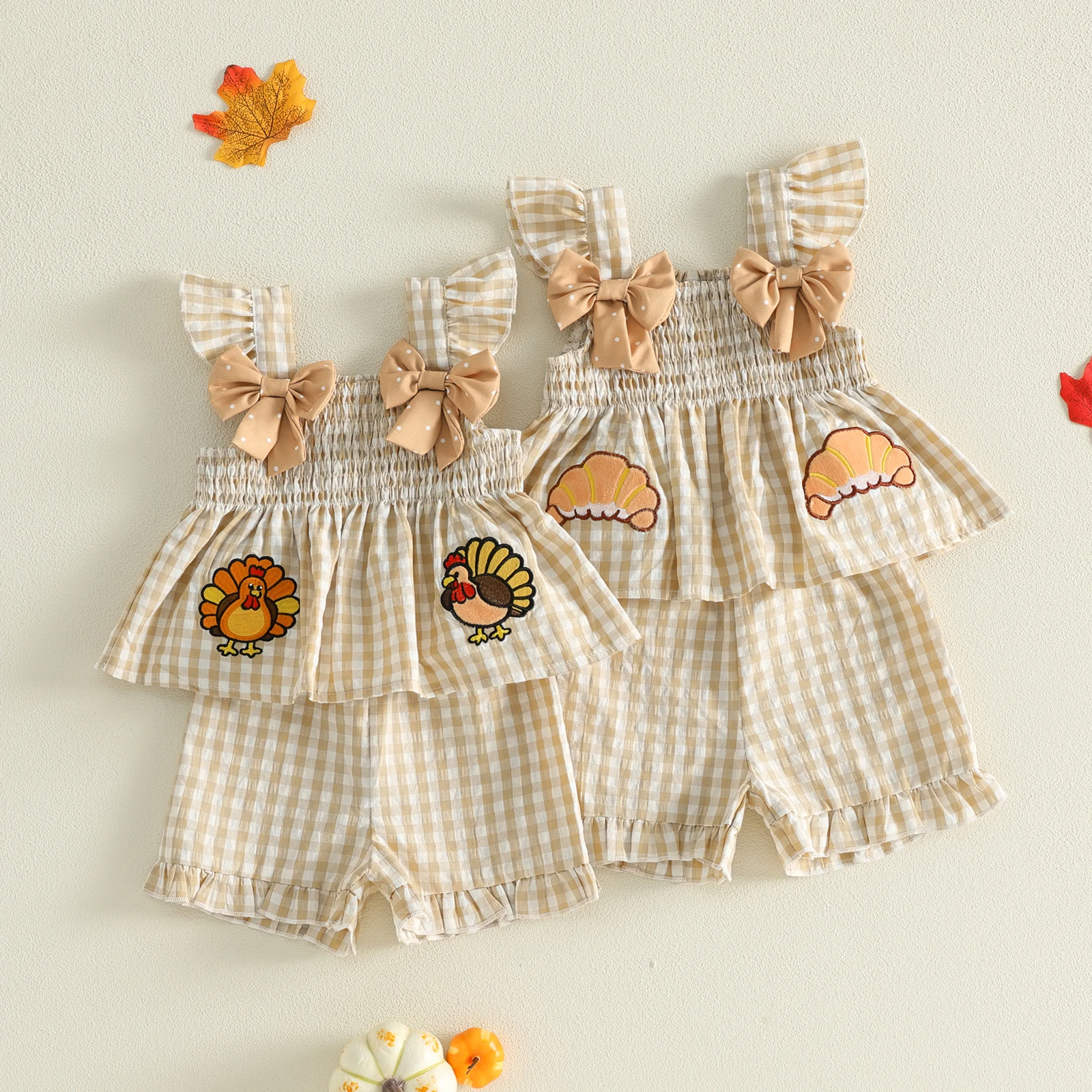 2 Pcs Infant Girl Thanksgiving Day Outfit Flying Sleeve Shirt Tops Shorts Set Cute Baby Thanksgiving Turkey Costume Set