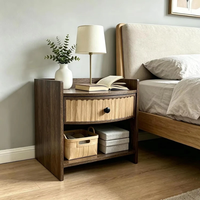 Wood eco-friendly handmade modern bedside table drawer type open storage rack curved front panel design suitable for small space