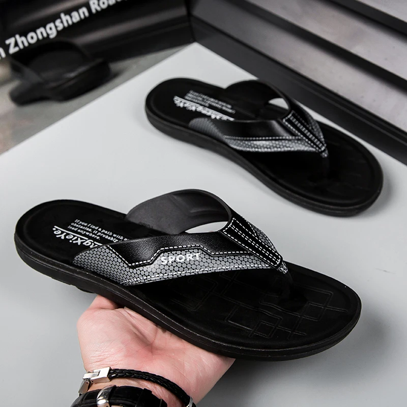 Summer Non-slip Slides Thick Sole Beach Slippers Men's Leather Texture Flip Flops Casual Outdoor House Shoes Comfortable Slipper