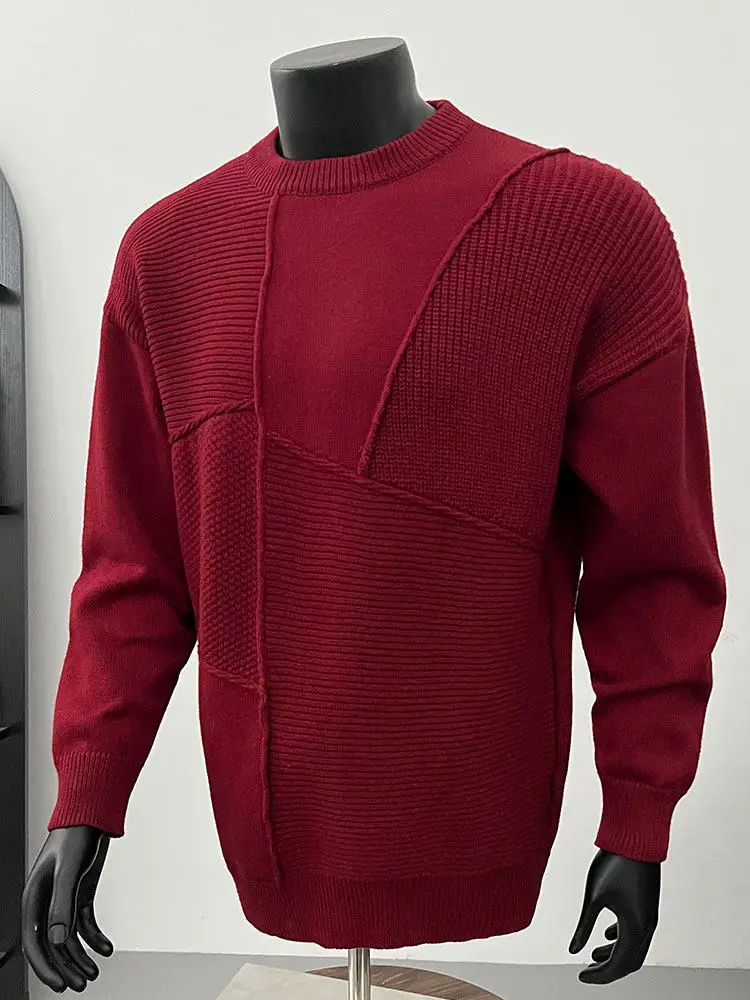 

New Year Design Trendy Spliced Men's Sweater round Ne Pullover Casual Faion Autumn Winter Knitted Wear Polyester Fiber