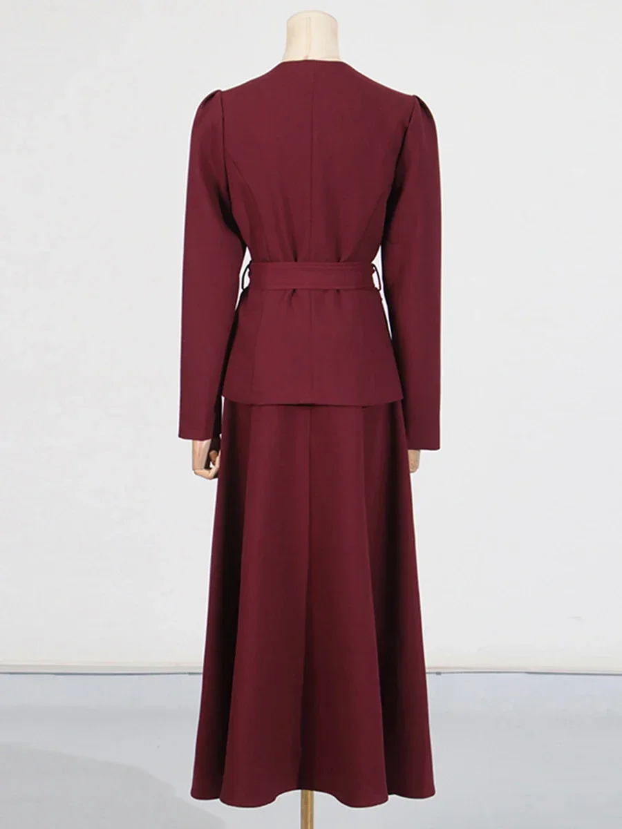 VGH Casual Solid Two Piece Set for Women O Neck Spliced Lace Up Top High Waist Pleated A Line Skirt Temperament Suit Female New