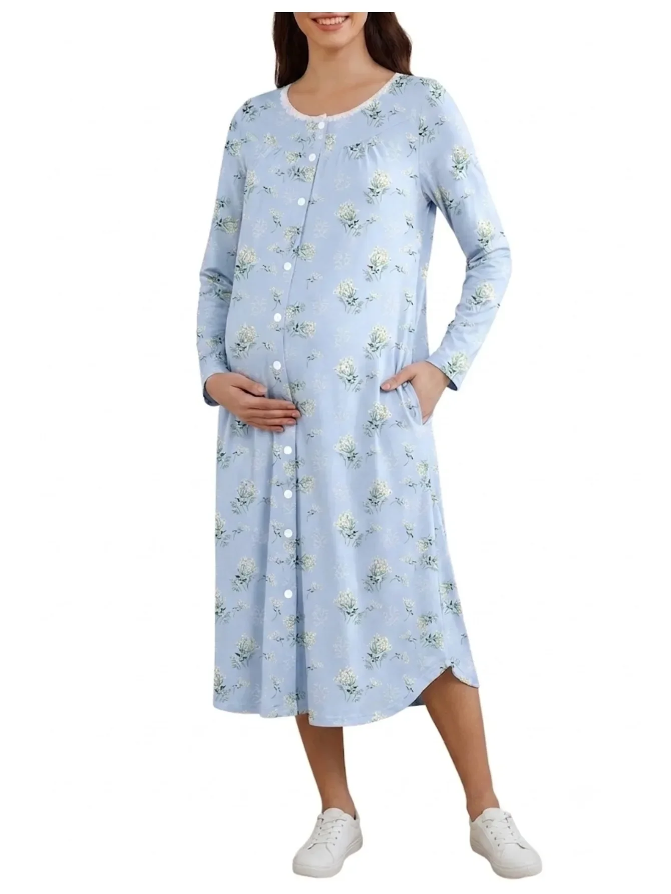 Nursing Night Gown for Breastfeeding Sleep Dress with Pockets