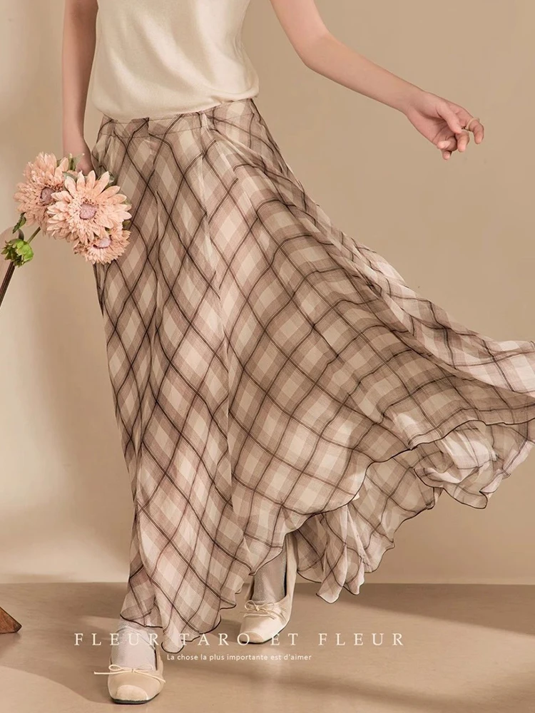 Zoki-Falda larga a cuadros Vintage para mujer, faldas acampanadas elegantes bohemias de cintura alta, faldas largas informales holgadas Retro irregulares para playa