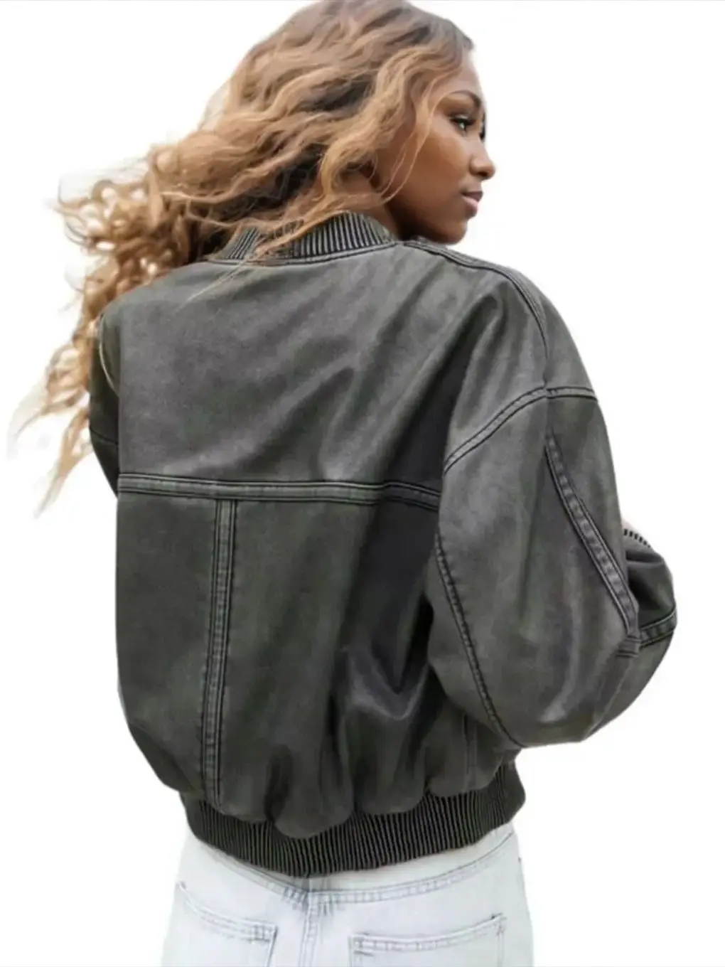 2025 New Autumn Women Vintage Bomber Washed PU Faux Leather Jackets Ladies Gradient Zipper Motor Biker Gray Baseball Short Coats