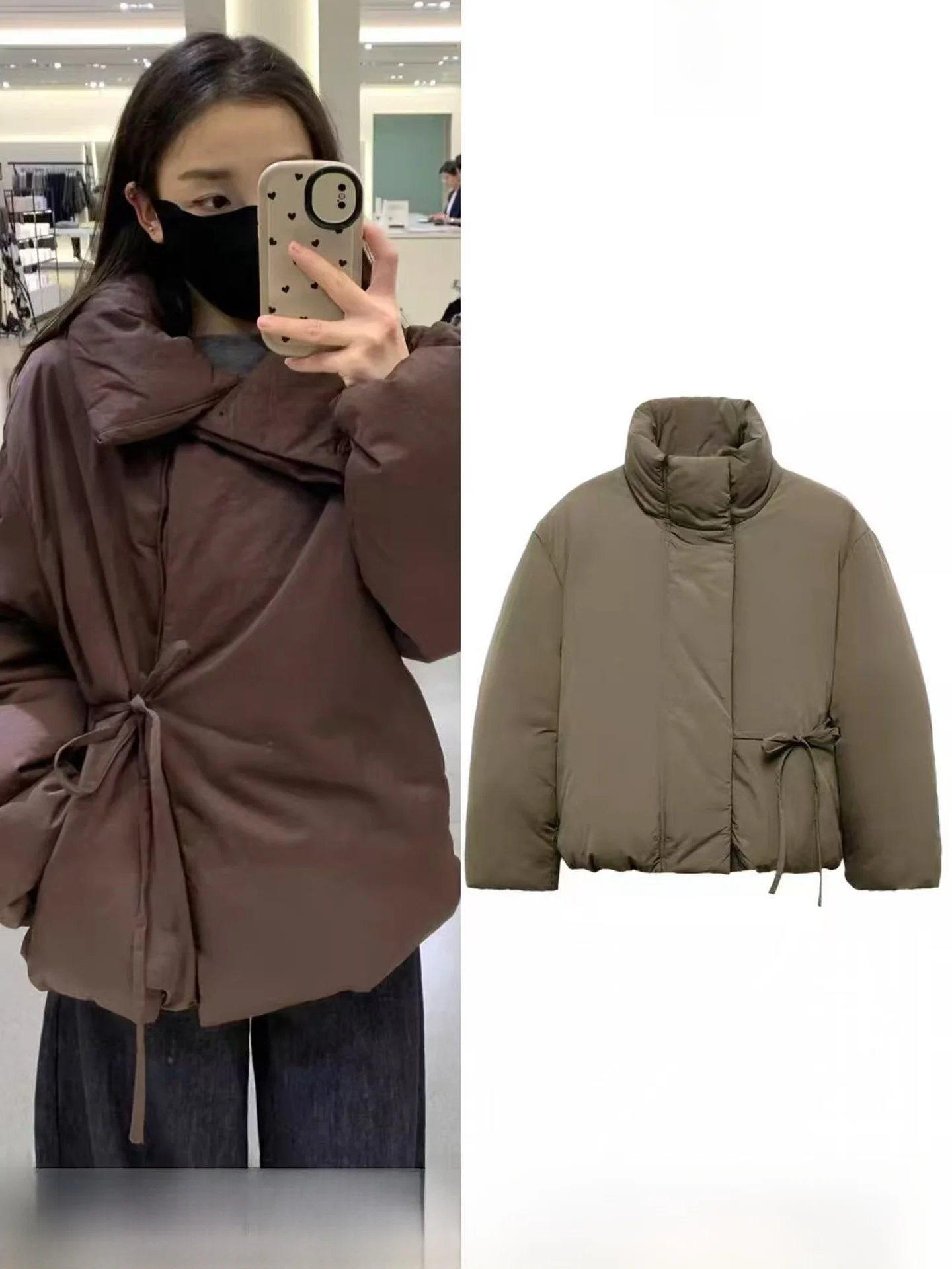 

Autumn Winter New Women's Thickened Cotton Jacket Stand Collar Belted Bread Style Warm Coat Long Sleeve Zipper Closure Pure C...