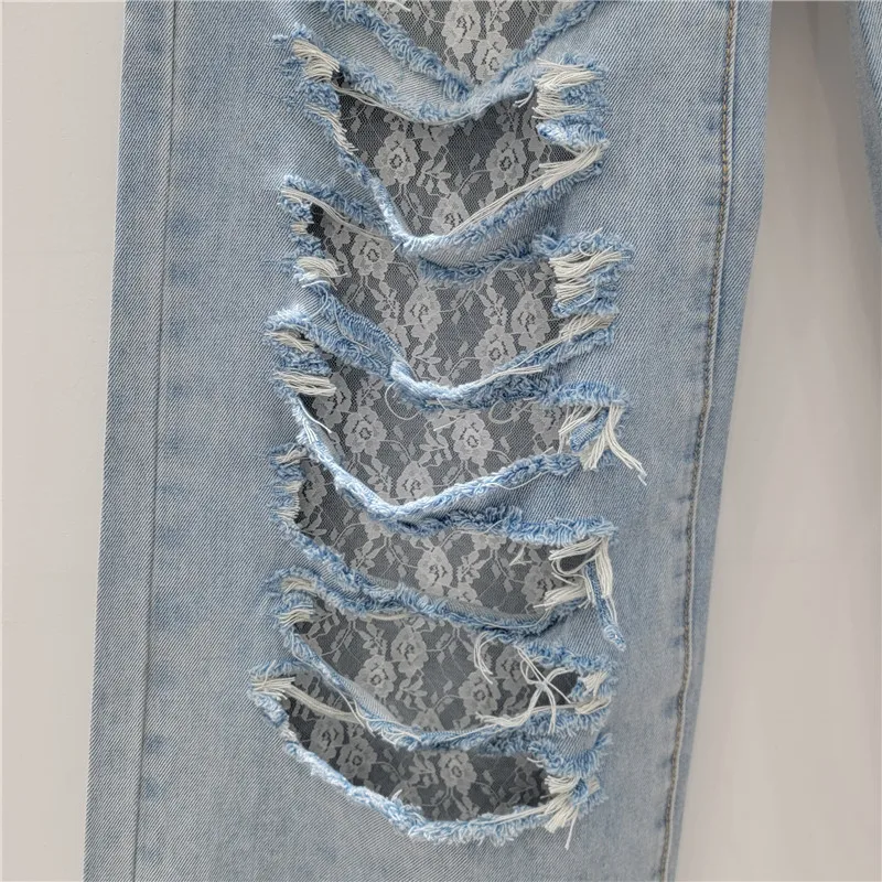 Lace Patchwork Ripped Jeans Women's Summer Blue Loose High Waist Straight Trousers