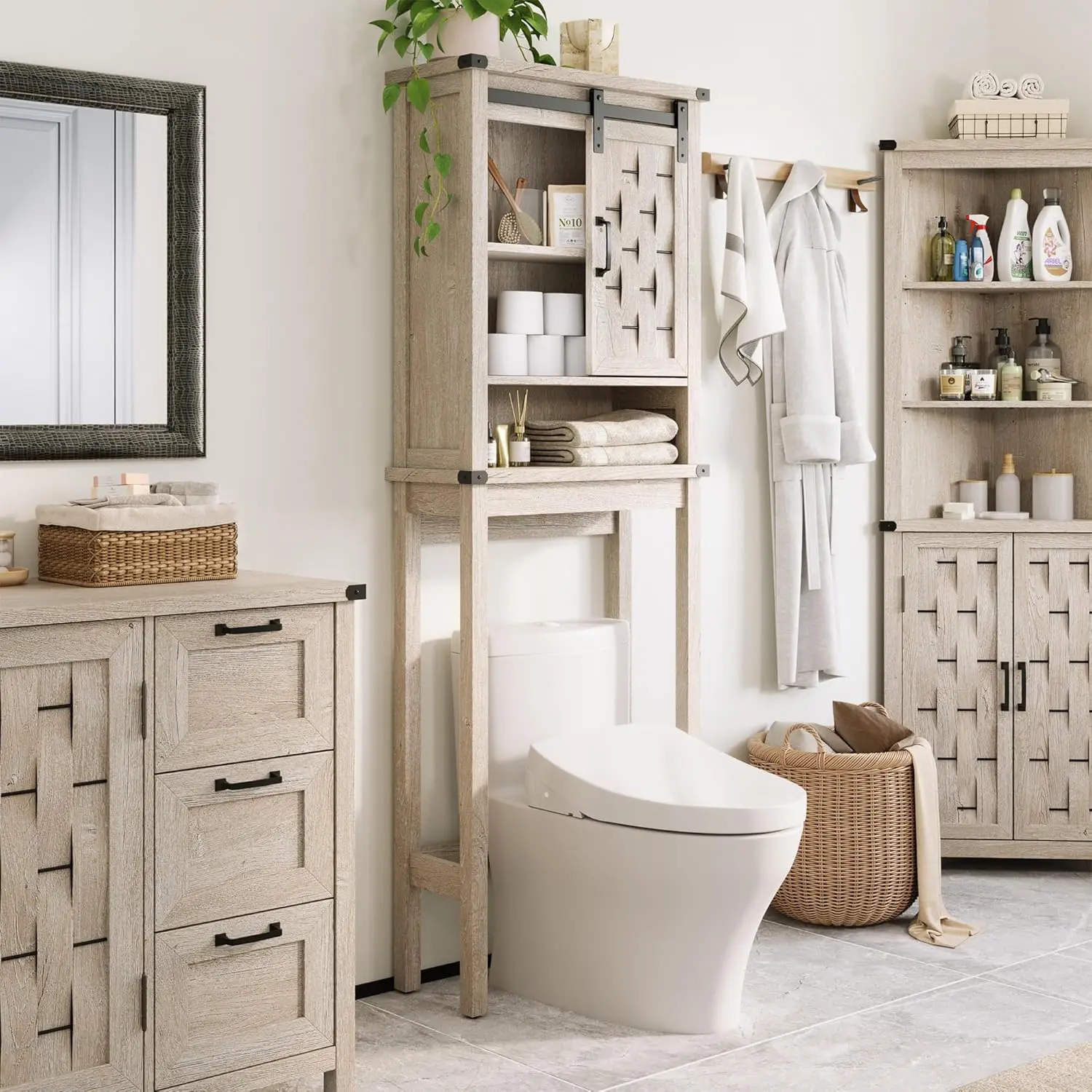 

Farmhouse Over The Toilet Storage Cabinet, Bathroom Organizer with Sliding Barn Door and Adjustable Shelves, Light Gray