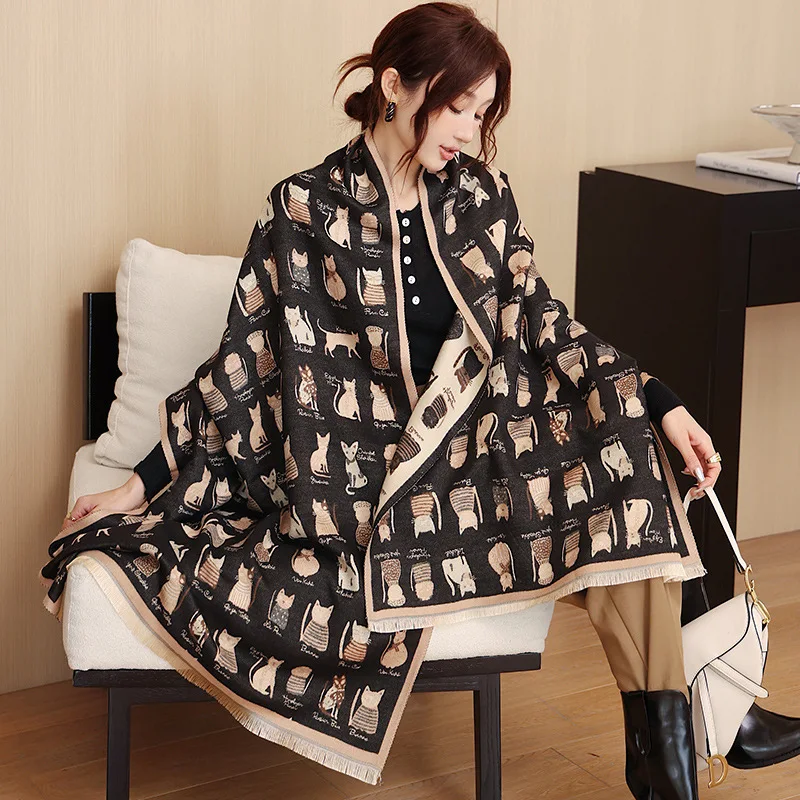 

Женский зимний шарф, шали из пашмины, женские накидки, толстые теплые милые кошачьи принты, Bufanda Echarpe, женское кашемировое одеяло с имитацией палантины