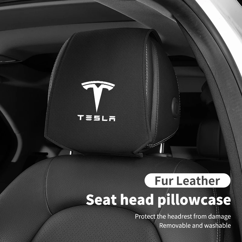 1pc/2pcs Car Seat Back Headrest Pillow Fur Leather Cover For Tesla Model 3 Model S Model X Model Y Roadster Bonina Coil