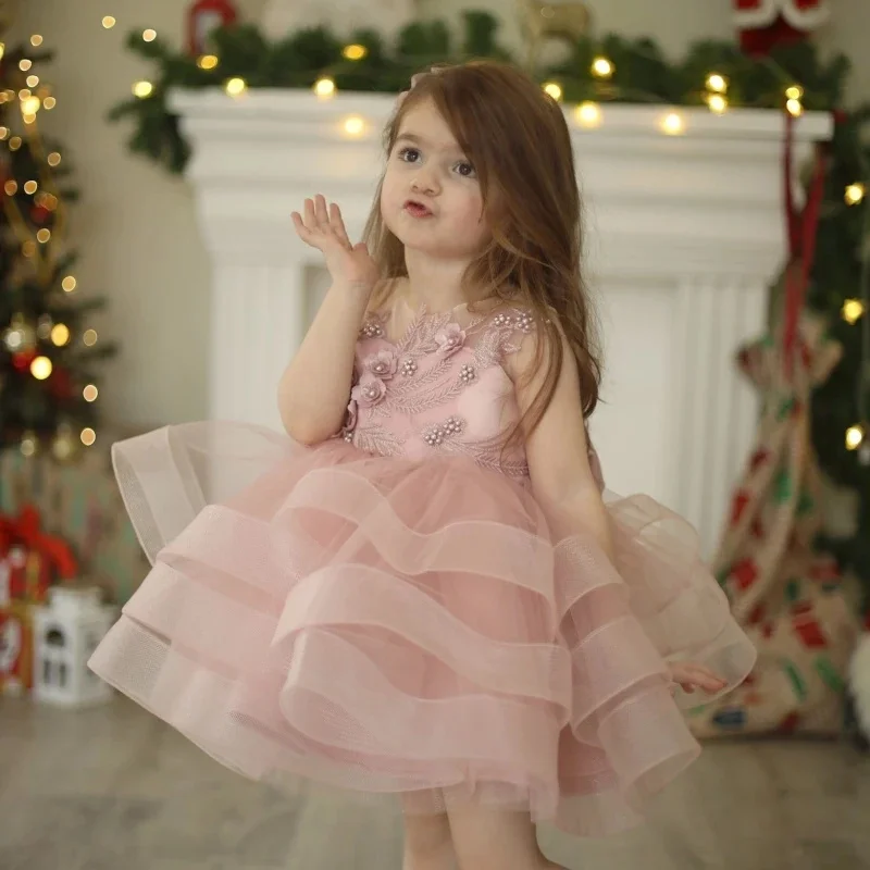 Vestido de tul de perlas de color rosa claro para niña, apliques en capas sin mangas con lazo para boda, vestido de fiesta de cumpleaños de princesa encantadora