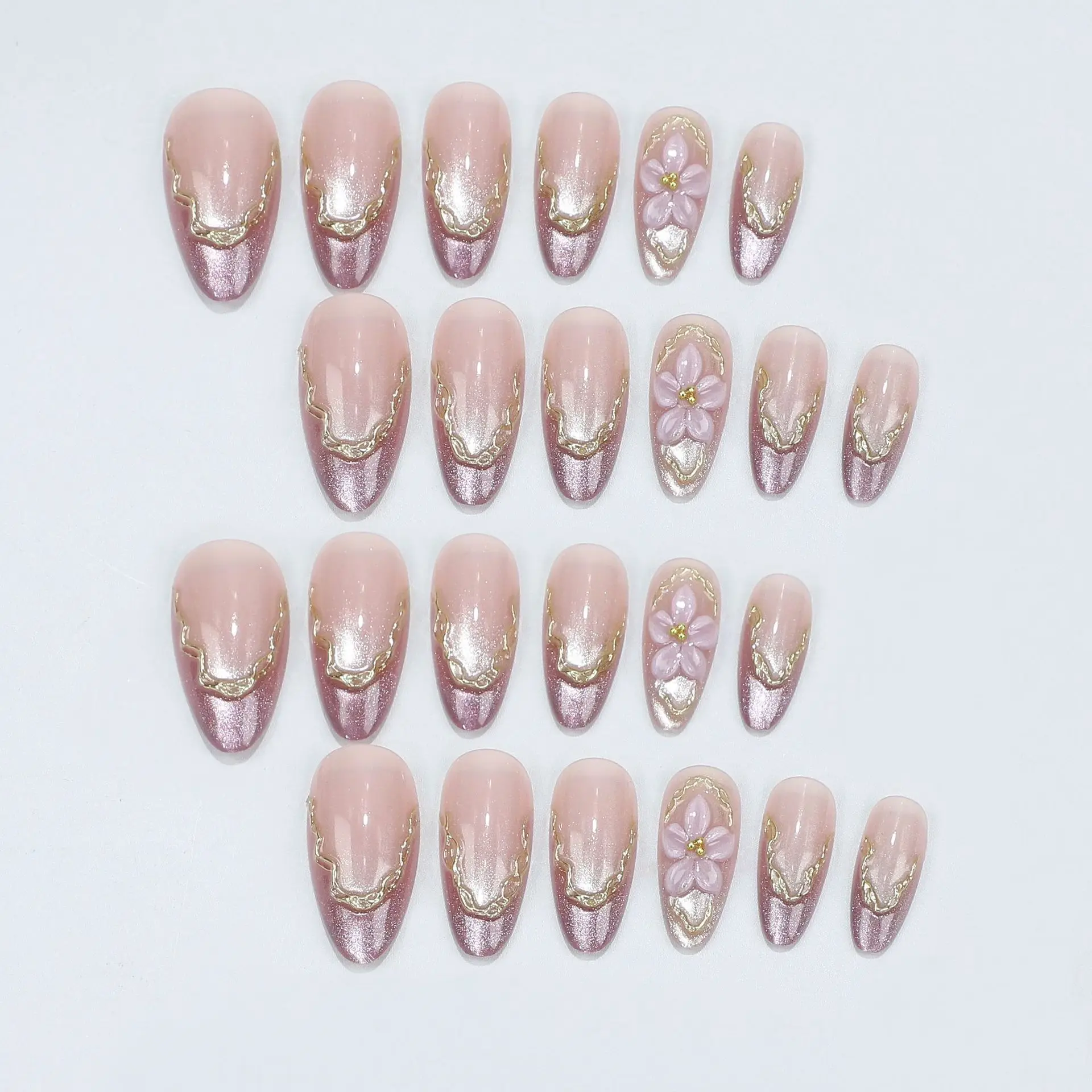 3D Flowers Fake Nails with Glossy Cat Eyes Golden Frame Strips Design Medium Almond Nail Tips Full Cover Reusable Press on Nail