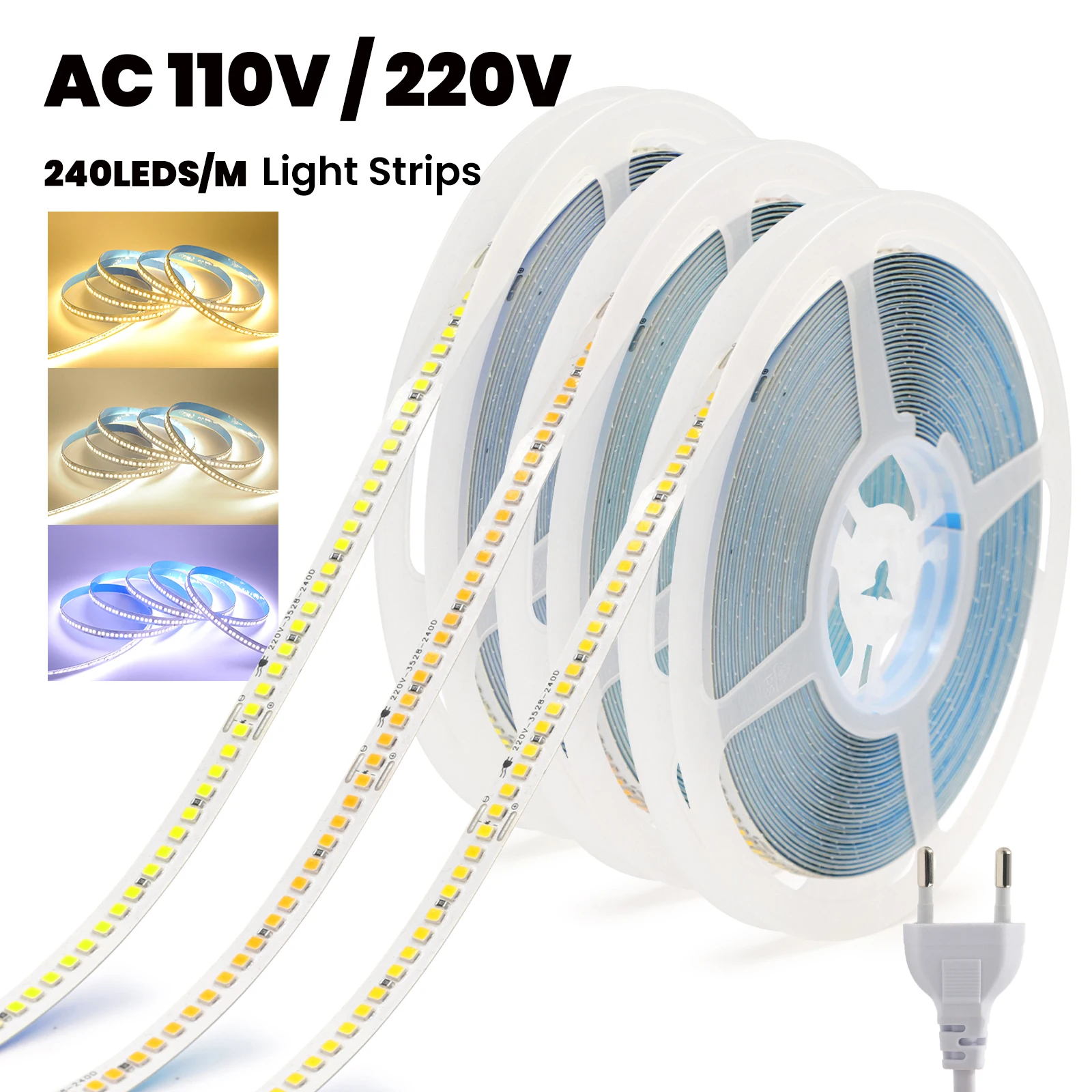 AC 220V 110V 240LEDs/M SMD2835 LED Strip Light Built-in Rectifier IC IP44 10CM Cuttable Indoor Decor LED Tape With EU/US Plug