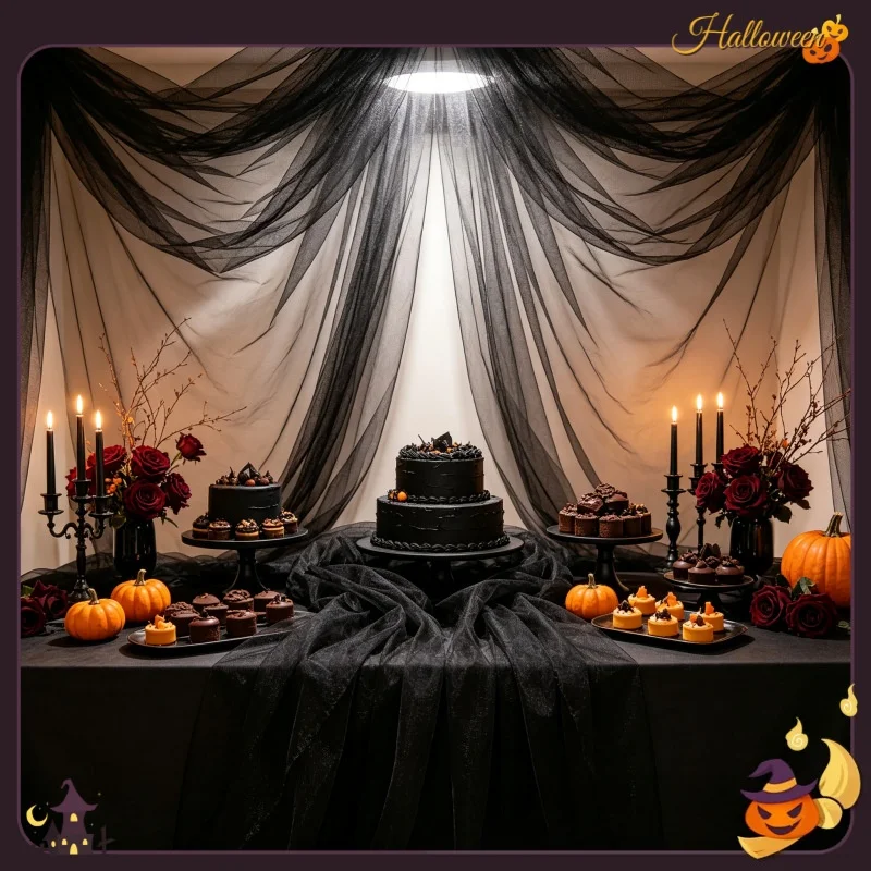 Tissu gothique en tulle noir transparent, toile de maille légère pour toile de fond de fête d'Halloween, rideau d'arche et chemin de table, décoration effrayante