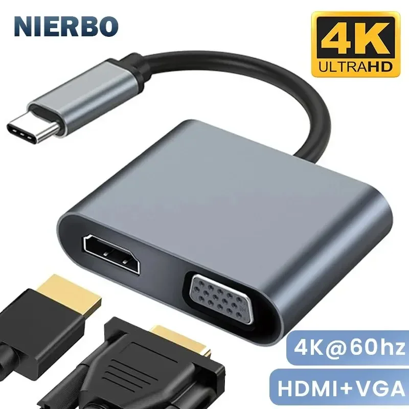 

Портативный квадратный преобразователь 4K при 60 Гц для ноутбуков и планшетов MacBook iPad Dell Адаптер USB C в HDMI и VGA 2-в-1