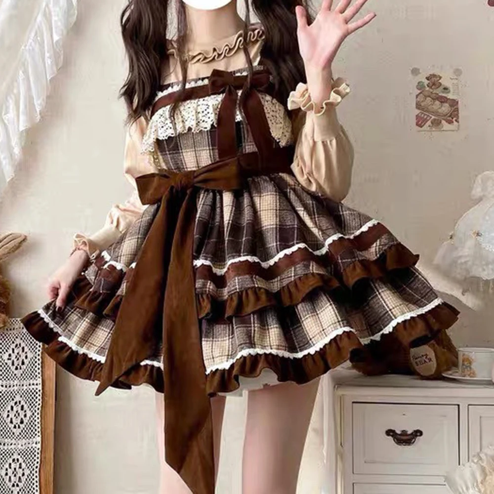 Lolita full genuine autumn and winter woolen bow lolita plaid original two jsk daily dress  bodycon dress