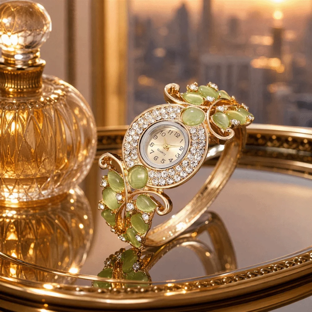 Rich In Flowers Vintage Watch Round Dial Crystal Jewelry Ladies Wristwatch Rhinestone Bracelet Versatile Design Quartz Watch