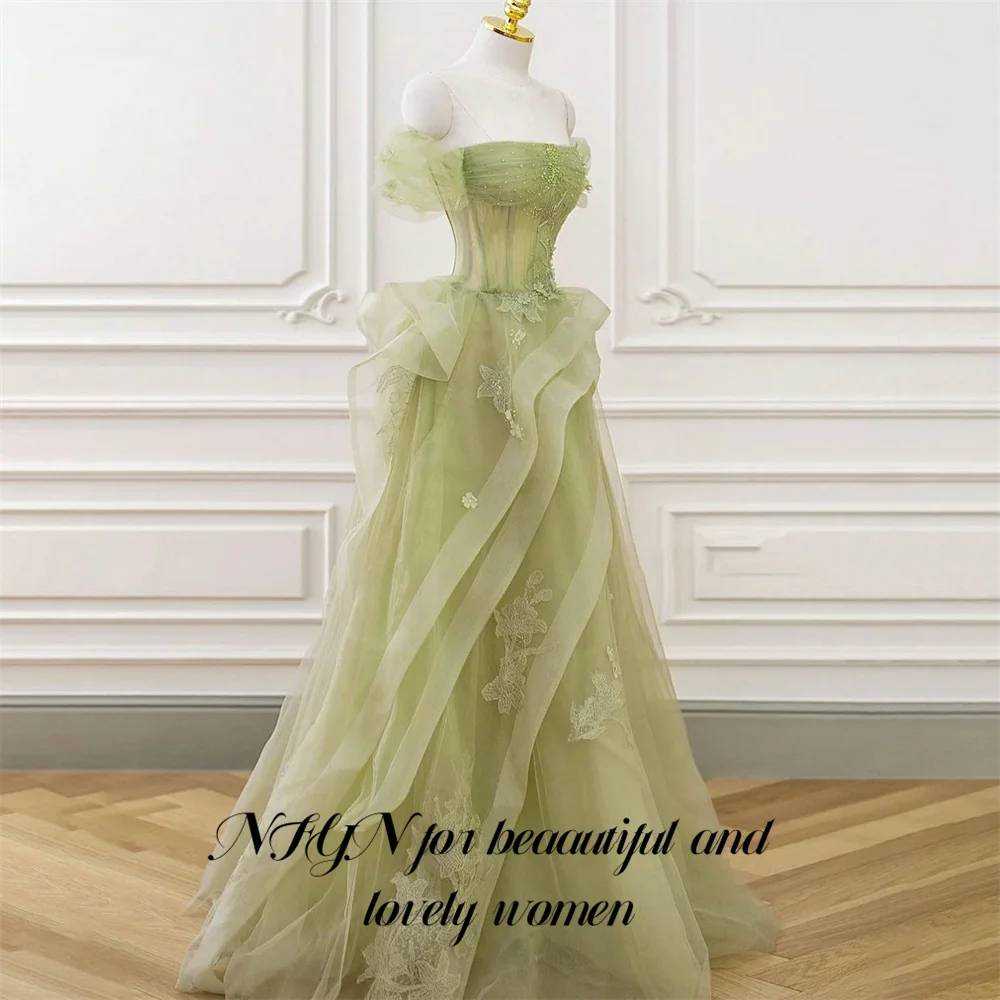 NFYN Salie Groene Prom Jurk Appliques Tulle Celebrity Jurk Tiered Plooi Damesavondjurk Sweetheart Formal Gown Aangepast