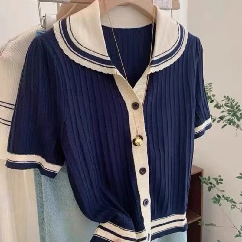 الإناث Preppy نمط المرقعة أزرار بحار طوق الحياكة سترة الصيف ملابس حريمي عادية الكشكشة تي شيرت المرأة تي شيرت علوي