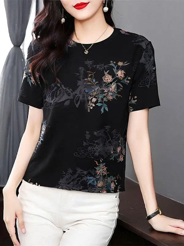 

Элегантная летняя свободная женская футболка с принтом на плечах, в повседневном стиле, с коротким рукавом, модный топ для женщин среднего возраста