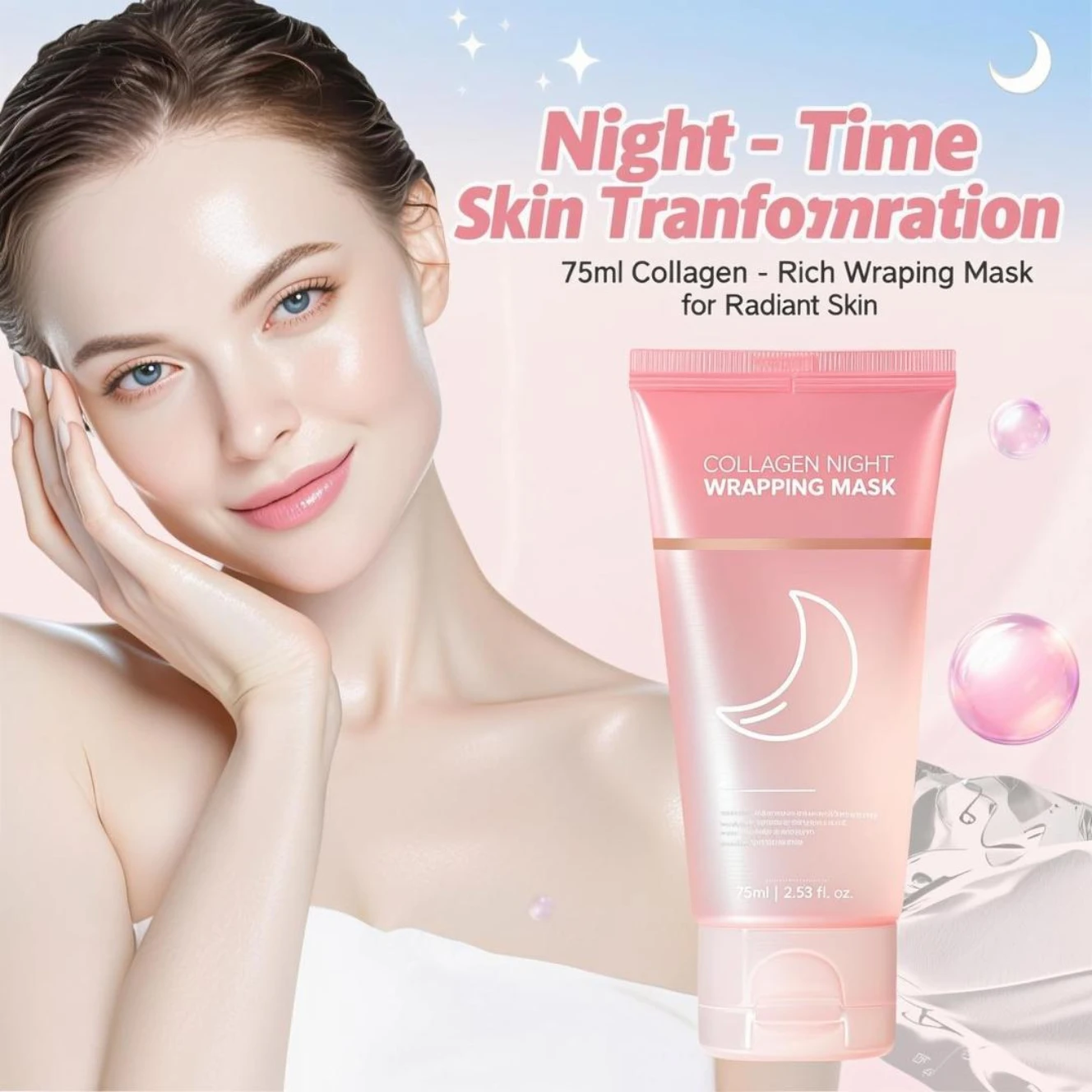 

Collagen Overnight Wrapping Mask - 8-hour hydration + skin elasticity + firming + radiance. Complete overnight renewal therapy.