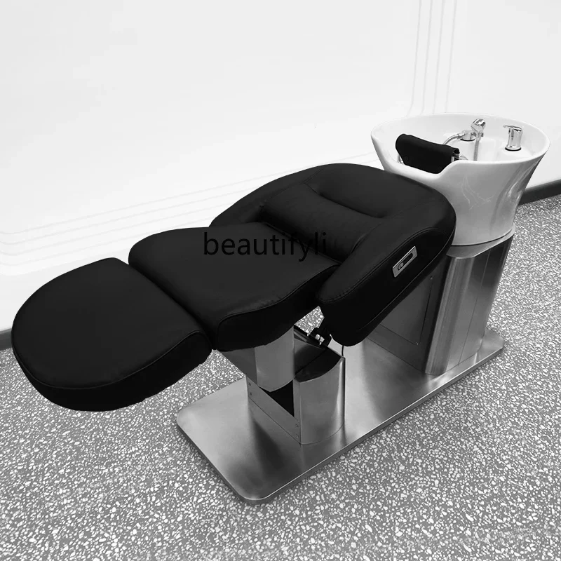 

45Barber Shop Ceramic Basin Half Lying Shampoo Chair Stainless Steel Hairdressing Flushing Bed Massage Couch