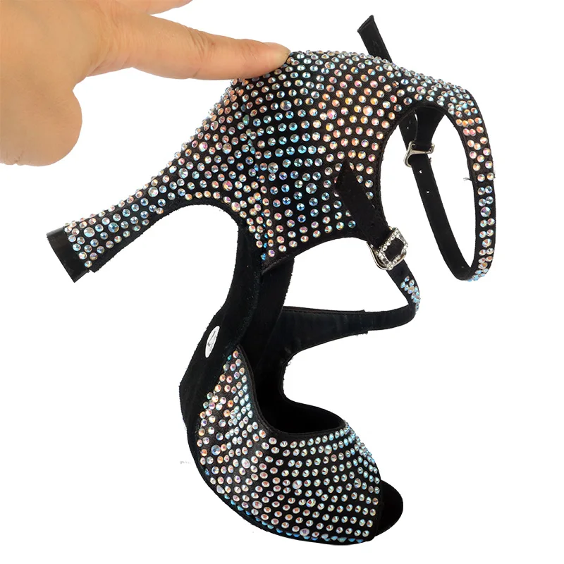 Venus Lure ที่กําหนดเองสุภาพสตรีรองเท้าเต้นรําบอลรูม Rhinestones Suede Sole ซาตินสีดําส้นเต้นรํารองเท้าแตะ 9 ซม