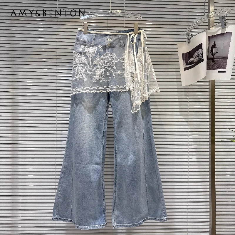 

Fashion Flower Embroidered Lace Women's Wide-leg Pants 2026 Spring New Sweet Cool Versatile Loose Thin Straight Jeans Ladies