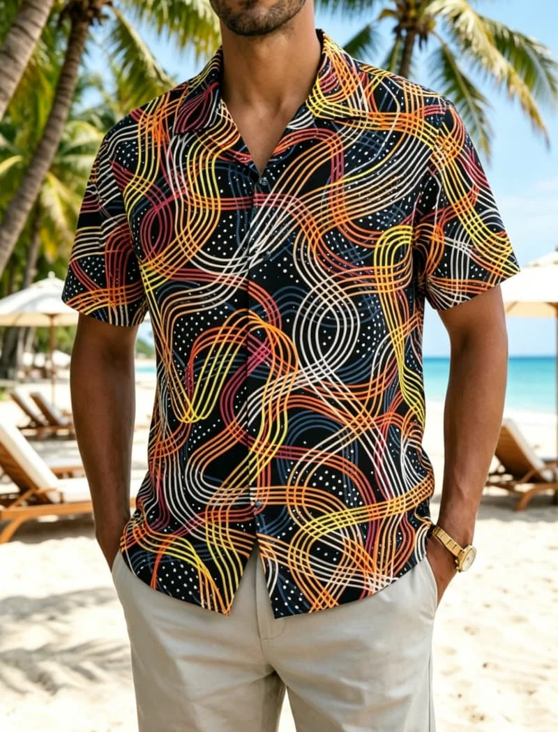 Men's Vintage Color Block Line Print  Shirt, Trendy Art Style for Vacation, Streetwear, Weekend Getaways & Casual Looks