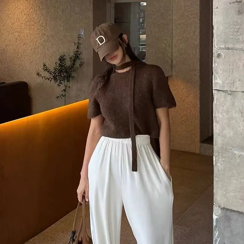 

Korejpaa Korean Fashion Pullover Sweater Autumn Retro Halter Ribbon Short Sleeve Bottom Pull Femme Gentle Simple Solid Tops