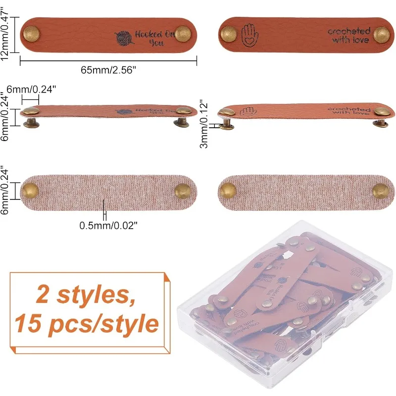 30 Sets 2 Styles Hand Made Embossed Tag PU Leather Label with Pattern & 2 Rivet 0.5x2.6 inch Brown Leather Tag Button Oval