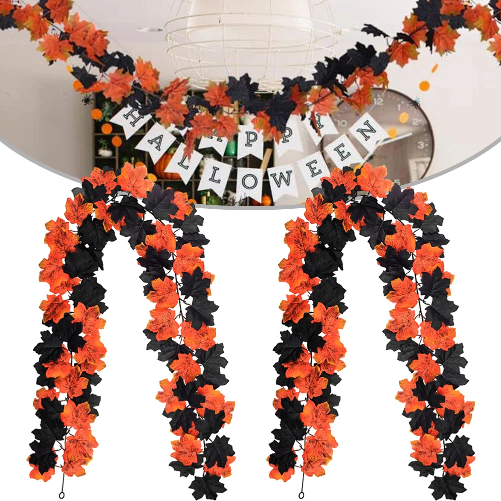 Double-sided Maple Rattan Decoration Artificial Plastic Plants Maple Leaf Wreath: Set Of 2 Artificial Black And Orange Fall Leaf