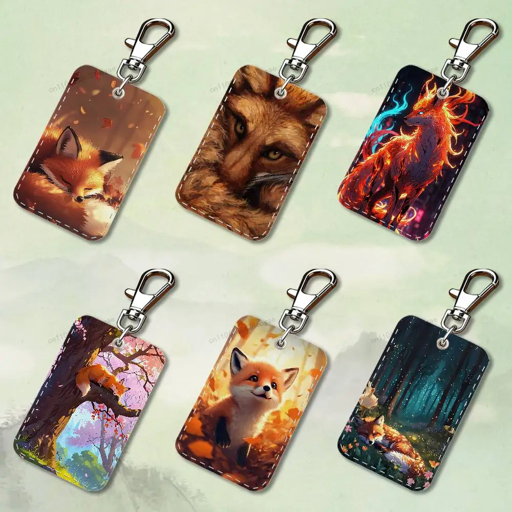 Legal animal raposa retângulo caso de cartão chaveiro saco de cartão de acesso chaveiro titular do cartão de couro chaveiro acesso
