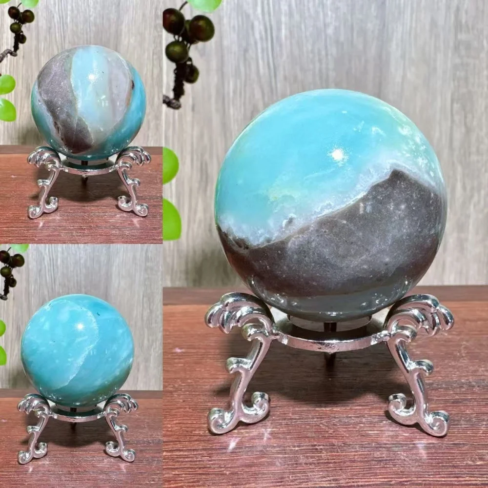 1PC Unique Natural Blue Carribean Calcite Spheres Sky Blue Stone Healing Crystal Reiki Energy Home Scene Decorations Gifts+Stand - view 4