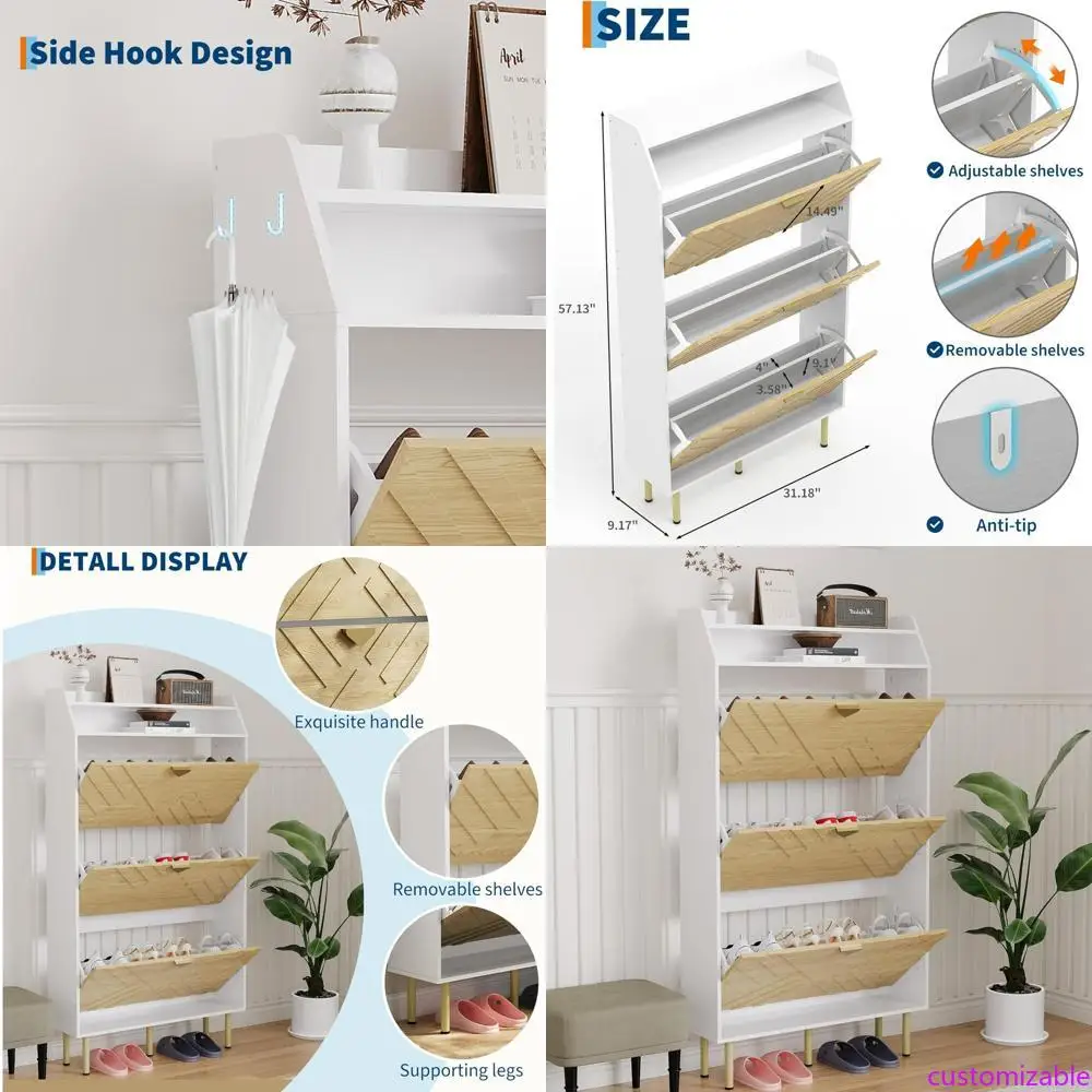 

3-Drawer Wood Grain and White Shoe Cabinet - Slim Standing Storage Organizer for Entryway