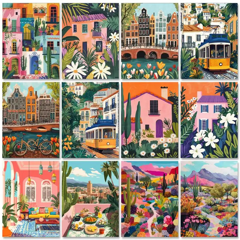 

GATYZTORY Paint By Number Pink House Landscape For Adults DIY Frame Picture By Numbers Acrylic Paint On Canvas Home Decor