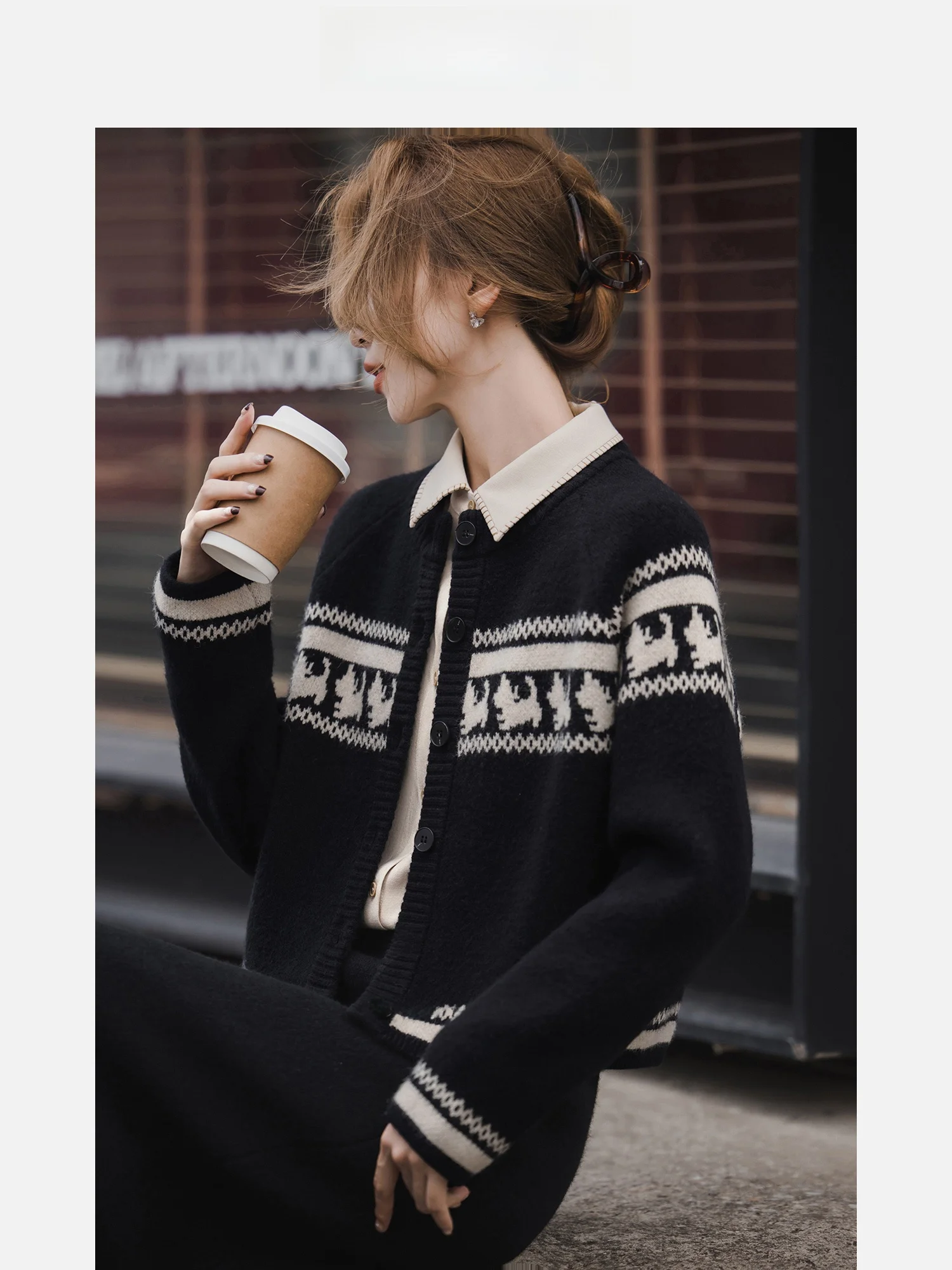 

Fall Winter Women's Knitted Sweater Fair Isle Color Blo Dog Pattern Versatile ort Sve round Ne Pullover Retro Sle