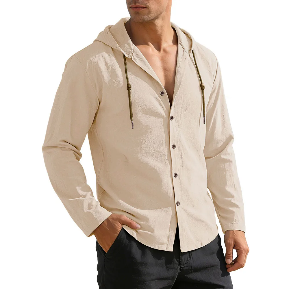 Men's Casual Shirt Long Sleeve Solid Color Cotton Linen Lightweight Breatahble Fashion Hooded Vacation Loose Fit Button Tops